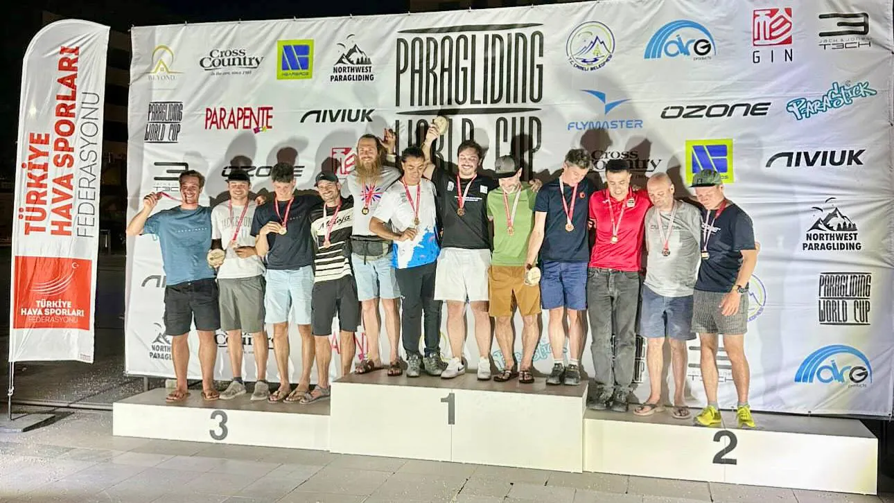 Paragliding World Cup Aksaray 2025 awards ceremony — SkyAtlantida team on the podium